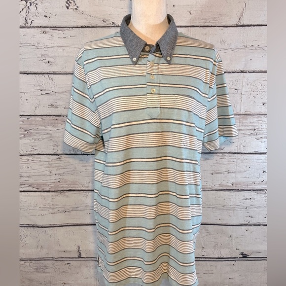 BROOKS BROTHERS Polo Cotton/Linen Striped Blue/White-Large - Picture 1 of 4